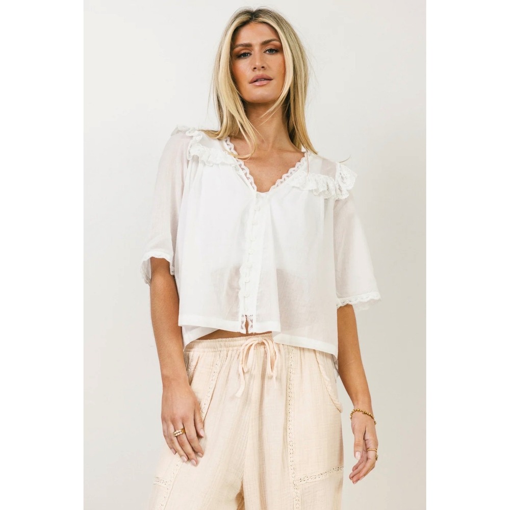 Bรถhme Potter Lace Blouse Off White Ruffle Cotton Top Size S